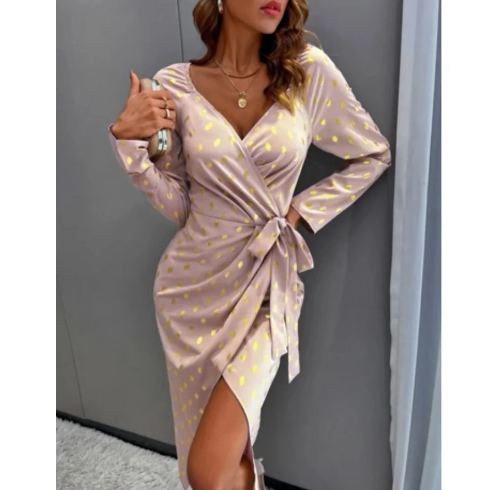 Luxe metallic gold dots wrap knot side party evening formal dress - Picture 14 of 15